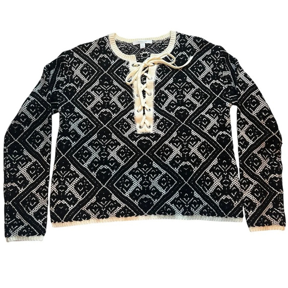 Vintage Piperlime Jacquard Knit Lace-Up Neck Sweater Black/White Women’s Small - Picture 1 of 4